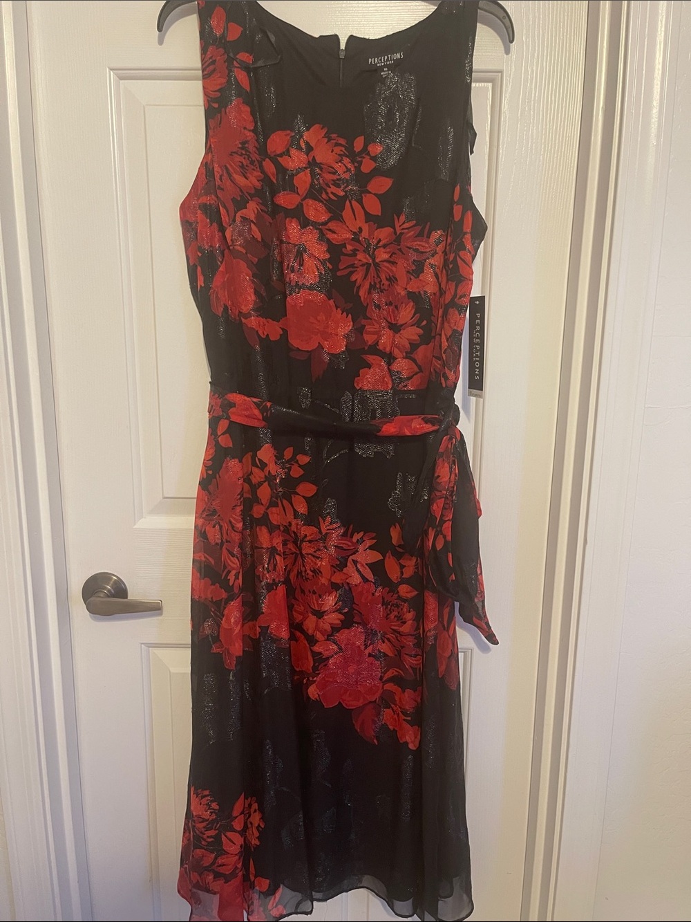Perceptions Black Floral Sleeveless Belted Midi Dress with Red Accents